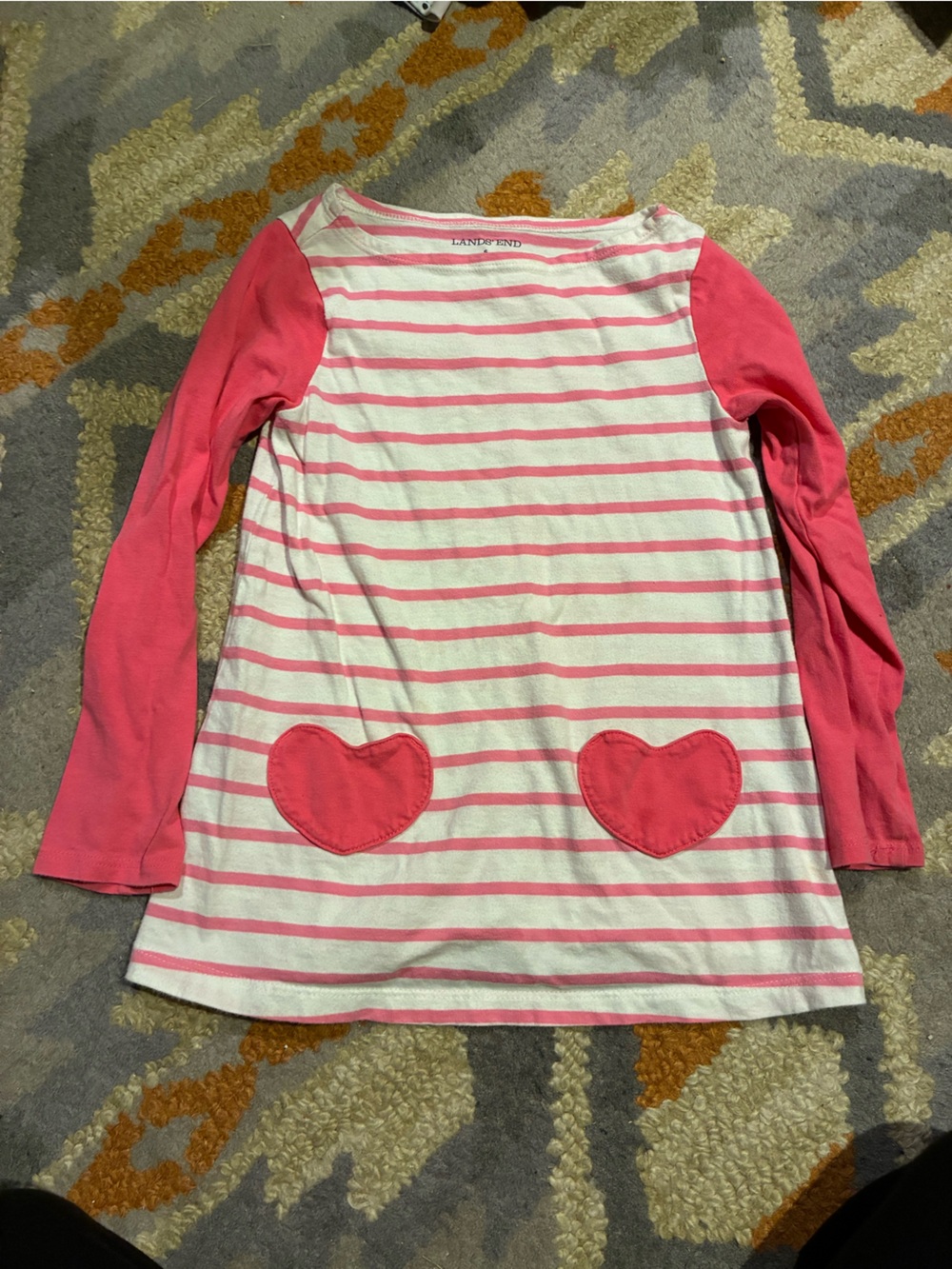 Lands' End White & Pink Striped Long-Sleeve Top with Heart Pockets size 4